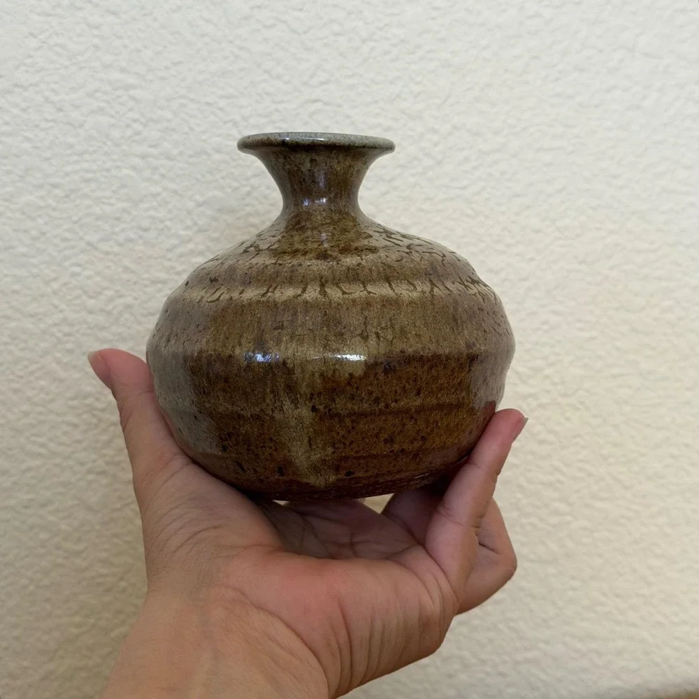 Studio Pottery Bud Vase Wabi Sabi Ash Glaze Stoneware Handmade Signed‎ Japandi